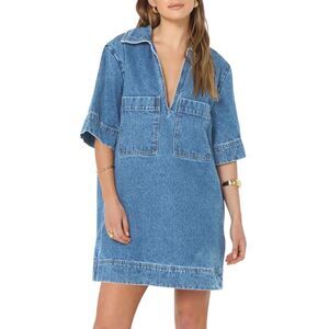 Collared V Neck Mini Casual Jean Dress, MEDIUM, 7J-143D008